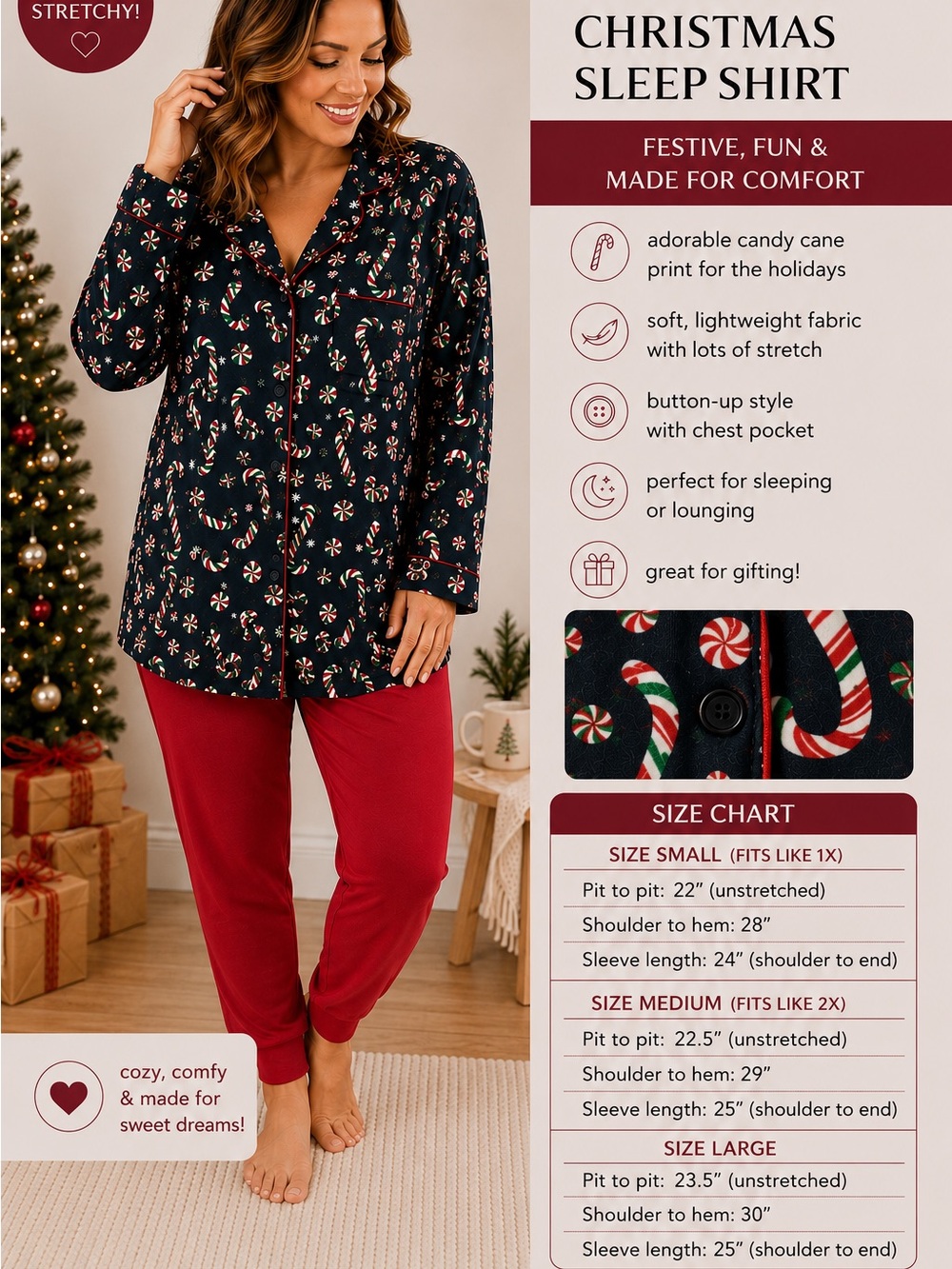 Fantastic Fawn Candy Cane Print Sleep Shirt Pajama Set - Black & Red